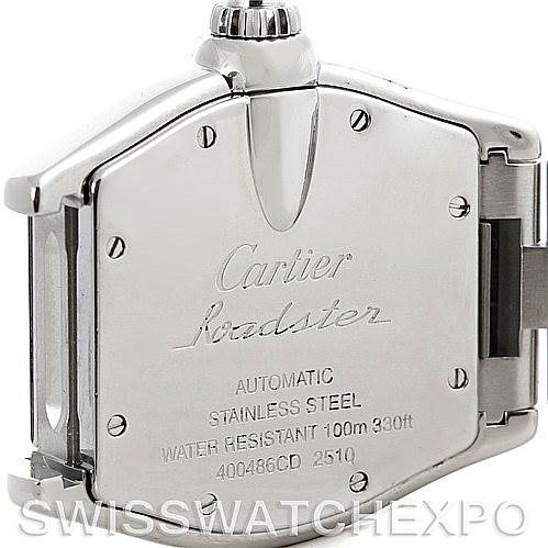 This image shows the back case of the Cartier Roadster W62004V3 Men's Stainless Steel Black Dial W62004V3 Men's Stainless Steel Black Dial watch, detailing its stainless steel body and water resistance.