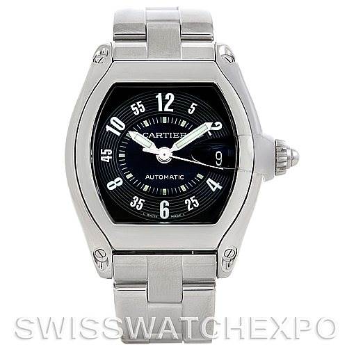 The image shows a front view of the Cartier Roadster W62004V3 Men's Stainless Steel Black Dial W62004V3 Men's Stainless Steel Black Dial watch, highlighting its dial, bezel, and part of the bracelet.