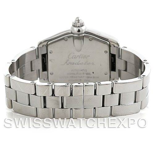 The image shows the back view of a Cartier Roadster W62004V3 Men's Stainless Steel Black Dial W62004V3 Men's Stainless Steel Black Dial watch, focusing on its stainless steel bracelet and case back.