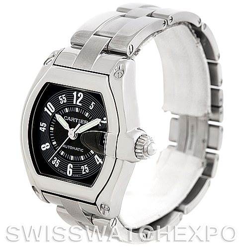 The image shows a Cartier Roadster W62004V3 Men's Stainless Steel Black Dial W62004V3 Men's Stainless Steel Black Dial watch at a three-quarter angle, highlighting the face, crown, and metal bracelet.