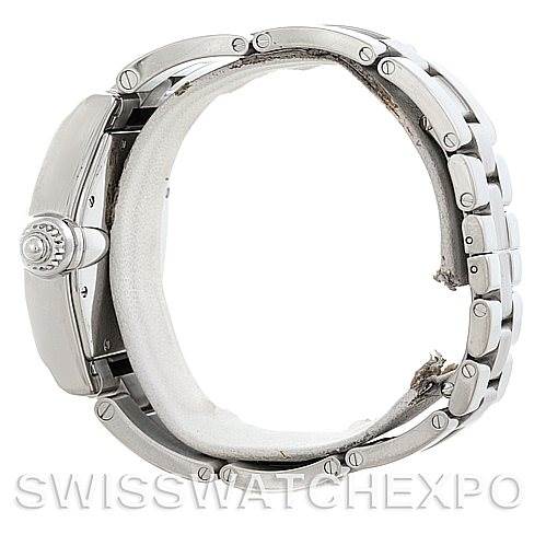 The Cartier Roadster W62004V3 Men's Stainless Steel Black Dial W62004V3 Men's Stainless Steel Black Dial watch is displayed from a side angle, showing its crown, case, and metal bracelet.