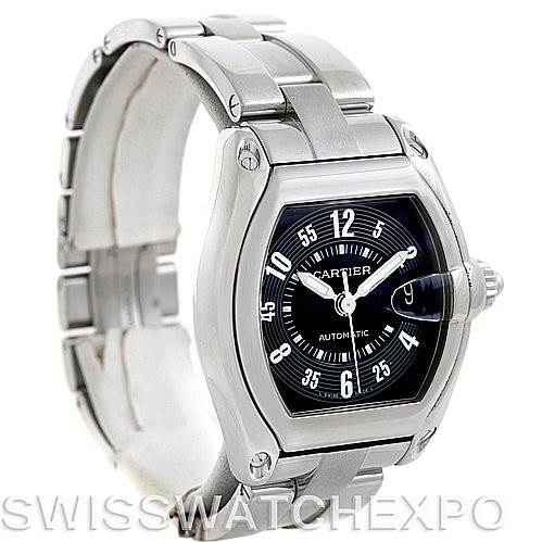 The Cartier Roadster W62004V3 Men's Stainless Steel Black Dial W62004V3 Men's Stainless Steel Black Dial watch is shown at a three-quarter angle, highlighting its face, bezel, crown, and bracelet.