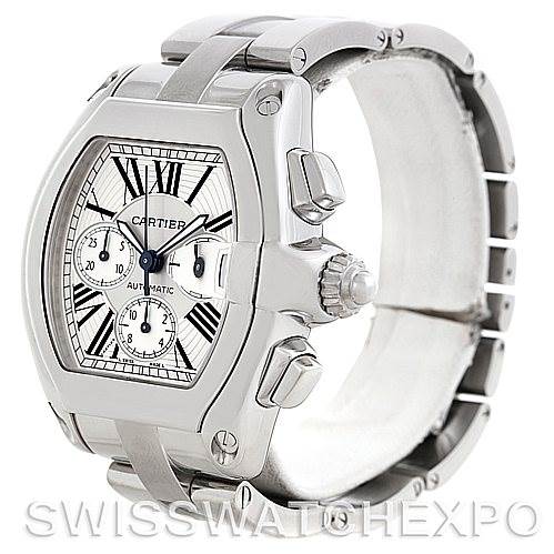 The Cartier Roadster W62019X6 Men's Stainless Steel Silver Dial W62019X6 Men's Stainless Steel Silver Dial watch is shown at a three-quarter angled view, highlighting the face, crown, and part of the bracelet.