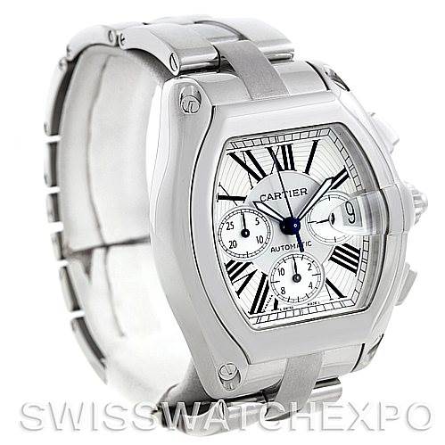 The image shows a Cartier Roadster W62019X6 Men's Stainless Steel Silver Dial W62019X6 Men's Stainless Steel Silver Dial watch from a three-quarter angle, displaying its face, crown, and bracelet.