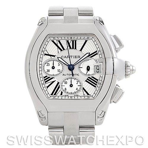 The image shows a front view of the Cartier Roadster W62019X6 Men's Stainless Steel Silver Dial W62019X6 Men's Stainless Steel Silver Dial watch, highlighting its face, dial, and bracelet.
