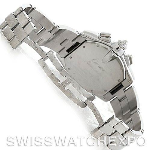 The image shows the back and bracelet of a Cartier Roadster W62019X6 Men's Stainless Steel Silver Dial W62019X6 Men's Stainless Steel Silver Dial watch, highlighting the clasp and case back.