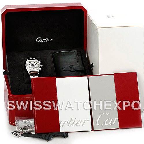 The image shows the Cartier Roadster W62019X6 Men's Stainless Steel Silver Dial W62019X6 Men's Stainless Steel Silver Dial watch and its accessories inside a branded box at a front angle.