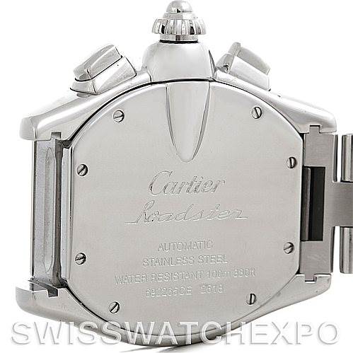 This image shows the back case and crown of a Cartier Roadster W62019X6 Men's Stainless Steel Silver Dial W62019X6 Men's Stainless Steel Silver Dial watch, highlighting the "Cartier Roadster W62019X6 Men's Stainless Steel Silver Dial W62019X6 Men's Stainless Steel Silver Dial" engraving.