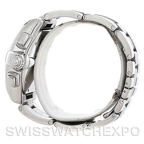 This side view of the Cartier Roadster W62019X6 Men's Stainless Steel Silver Dial W62019X6 Men's Stainless Steel Silver Dial watch shows the crown, pushers, and part of the bracelet.