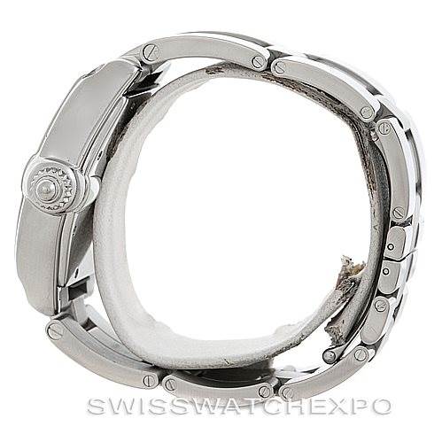 This image shows a side view of a Cartier Roadster W62025V3 Men's Stainless Steel Silver Dial W62025V3 Men's Stainless Steel Silver Dial watch, focusing on the case, crown, and part of the bracelet.