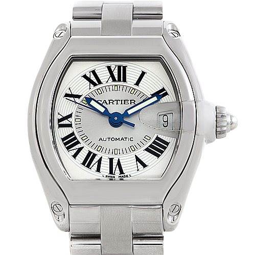 This image displays the front view of the Cartier Roadster W62025V3 Men's Stainless Steel Silver Dial W62025V3 Men's Stainless Steel Silver Dial watch, highlighting its face, hour markers, hands, date window, and part of the bracelet.