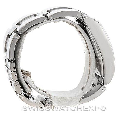 The image shows a side view of the Cartier Roadster W62025V3 Men's Stainless Steel Silver Dial W62025V3 Men's Stainless Steel Silver Dial watch, highlighting its metallic bracelet and case.