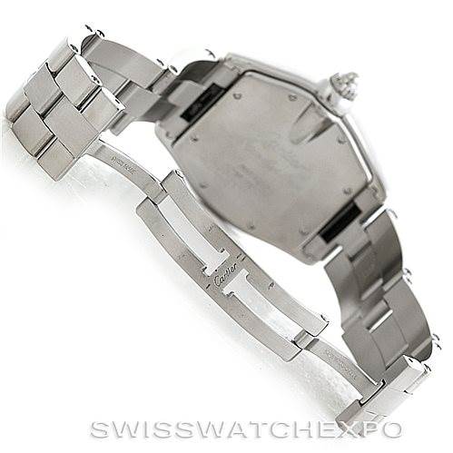 This image shows the back case and opened clasp of a Cartier Roadster W62025V3 Men's Stainless Steel Silver Dial W62025V3 Men's Stainless Steel Silver Dial watch, highlighting the bracelet and deployment clasp.