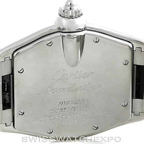 The image shows the case back of a Cartier Roadster W62025V3 Men's Stainless Steel Silver Dial W62025V3 Men's Stainless Steel Silver Dial watch, displaying its engravings and stainless-steel crown.