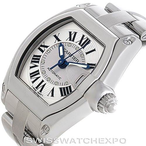 The image shows a Cartier Roadster W62025V3 Men's Stainless Steel Silver Dial W62025V3 Men's Stainless Steel Silver Dial watch at an angled view highlighting the dial, crown, and part of the bracelet.