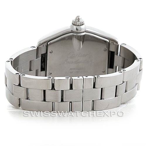 The image shows the back view of a Cartier Roadster W62025V3 Men's Stainless Steel Silver Dial W62025V3 Men's Stainless Steel Silver Dial watch, highlighting its case back and metal bracelet.