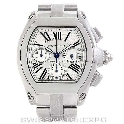 The image shows a front view of the Cartier Roadster W62019X6 Men's Stainless Steel Silver Dial W62019X6 Men's Stainless Steel Silver Dial watch, featuring its face, crown, and part of the bracelet.