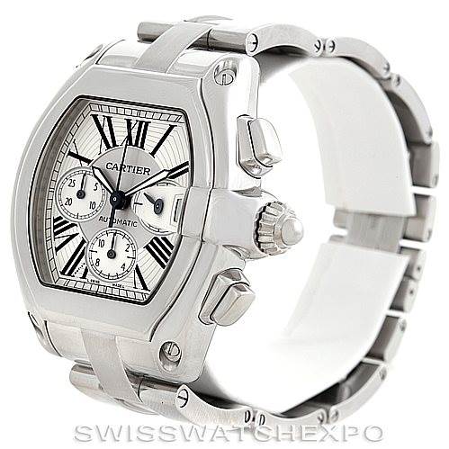 The image shows a Cartier Roadster W62019X6 Men's Stainless Steel Silver Dial W62019X6 Men's Stainless Steel Silver Dial watch at a three-quarter angle, highlighting the dial, crown, chronograph buttons, and bracelet.