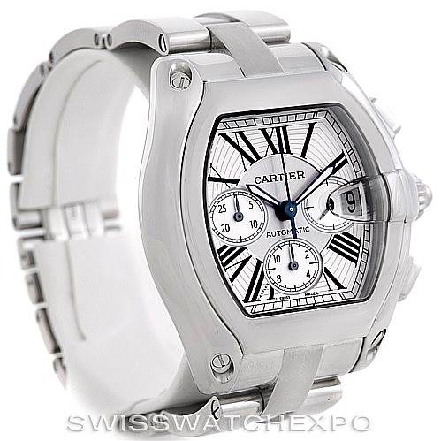 This image shows the front and right side of the Cartier Roadster W62019X6 Men's Stainless Steel Silver Dial W62019X6 Men's Stainless Steel Silver Dial watch, highlighting its case, dial, and bracelet.