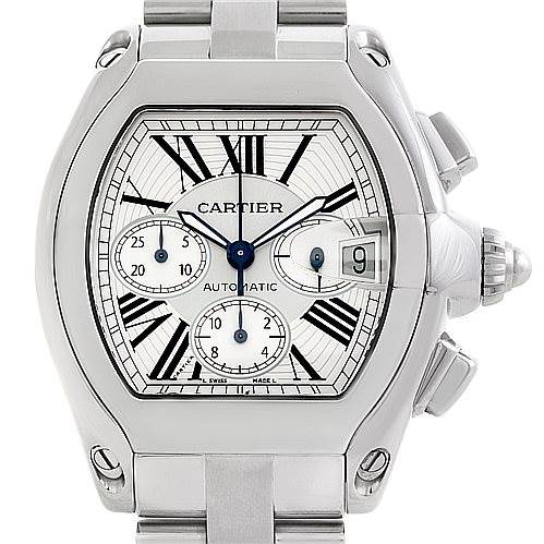 The image shows a frontal view of the Cartier Roadster W62019X6 Men's Stainless Steel Silver Dial W62019X6 Men's Stainless Steel Silver Dial watch, highlighting its dial, chronograph subdials, and date window.
