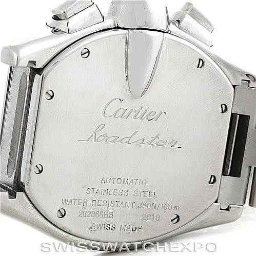 This image shows the back of a Cartier Roadster W62019X6 Men's Stainless Steel Silver Dial W62019X6 Men's Stainless Steel Silver Dial watch, highlighting its stainless steel case and engraved specifications.