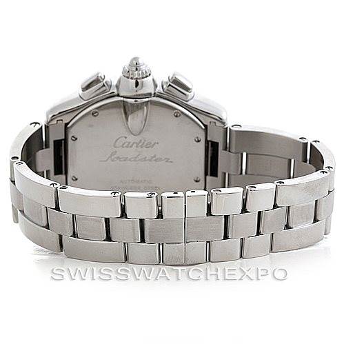 The image shows the back view of a Cartier Roadster W62019X6 Men's Stainless Steel Silver Dial W62019X6 Men's Stainless Steel Silver Dial watch, highlighting its stainless steel bracelet and case back.