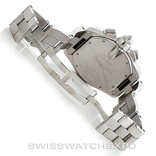 The image shows the back and bracelet of a Cartier Roadster W62019X6 Men's Stainless Steel Silver Dial W62019X6 Men's Stainless Steel Silver Dial watch with the clasp partially open.