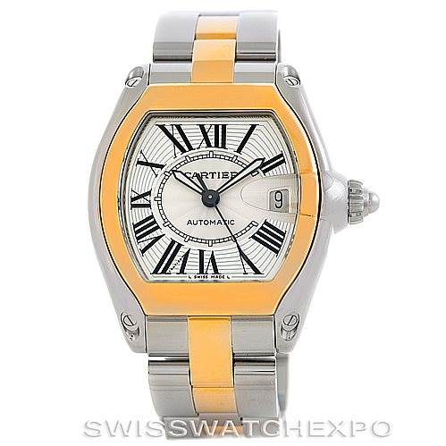 The image shows a frontal view of the Cartier Roadster W62031Y4 Men's Steel and Gold (two tone) Silver Dial W62031Y4 Men's Steel and Gold (two tone) Silver Dial watch, highlighting its dial, bezel, case, and bracelet.