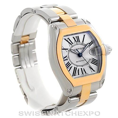 This image shows a Cartier Roadster W62031Y4 Men's Steel and Gold (two tone) Silver Dial W62031Y4 Men's Steel and Gold (two tone) Silver Dial watch at a three-quarter angle, highlighting the face, bracelet, and side profile.