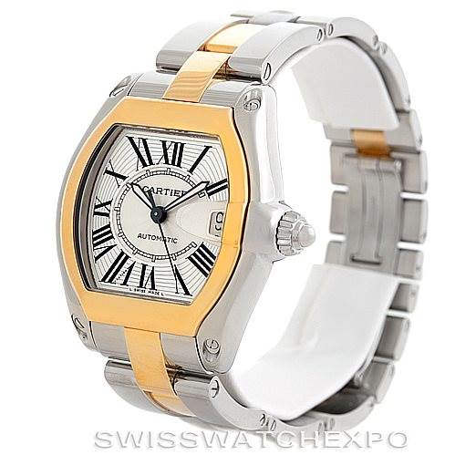 The image shows a Cartier Roadster W62031Y4 Men's Steel and Gold (two tone) Silver Dial W62031Y4 Men's Steel and Gold (two tone) Silver Dial watch angled to display the face, side, crown, and part of the bracelet.