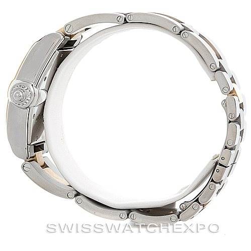 This Cartier Roadster W62031Y4 Men's Steel and Gold (two tone) Silver Dial W62031Y4 Men's Steel and Gold (two tone) Silver Dial watch is shown from a side angle, highlighting the bracelet and crown.