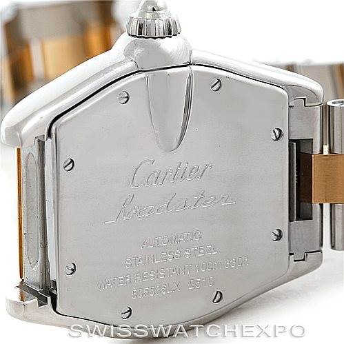 This image shows the back of a Cartier Roadster W62031Y4 Men's Steel and Gold (two tone) Silver Dial W62031Y4 Men's Steel and Gold (two tone) Silver Dial watch, highlighting the inscriptions and the stainless steel case.