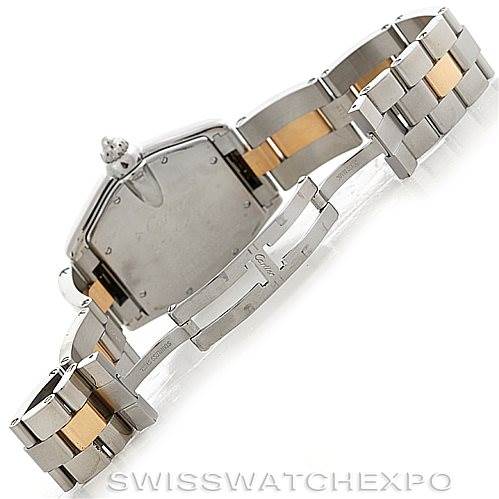 The image shows the back and bracelet of the Cartier Roadster W62031Y4 Men's Steel and Gold (two tone) Silver Dial W62031Y4 Men's Steel and Gold (two tone) Silver Dial watch, with emphasis on the clasp and links.