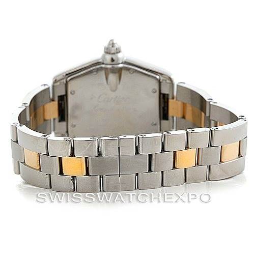 The image shows the back view of a Cartier Roadster W62031Y4 Men's Steel and Gold (two tone) Silver Dial W62031Y4 Men's Steel and Gold (two tone) Silver Dial watch, highlighting its two-tone metal bracelet and the case back.