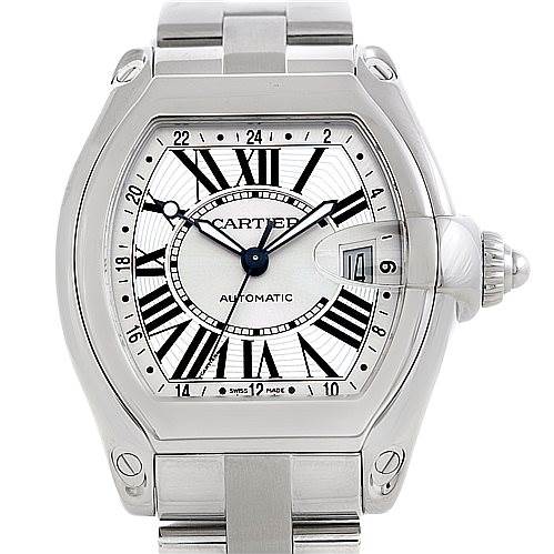 This image shows a front view of the Cartier Roadster W62032X6 Men's Stainless Steel Silver Dial W62032X6 Men's Stainless Steel Silver Dial watch, highlighting its dial, hands, date window, and bracelet.