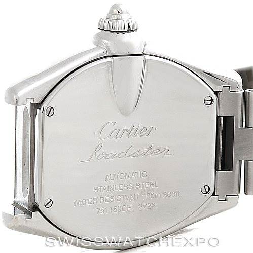 The image shows the back case of a Cartier Roadster W62032X6 Men's Stainless Steel Silver Dial W62032X6 Men's Stainless Steel Silver Dial watch, displaying brand markings and specifications.