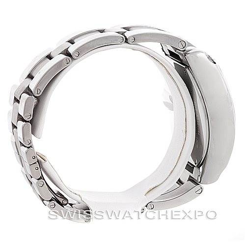 This image shows a side view of the bracelet and clasp of the Cartier Roadster W62032X6 Men's Stainless Steel Silver Dial W62032X6 Men's Stainless Steel Silver Dial watch, showcasing its links and curvature.