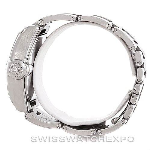 The Cartier Roadster W62032X6 Men's Stainless Steel Silver Dial W62032X6 Men's Stainless Steel Silver Dial watch is shown from the side with a focus on the crown and metal bracelet.