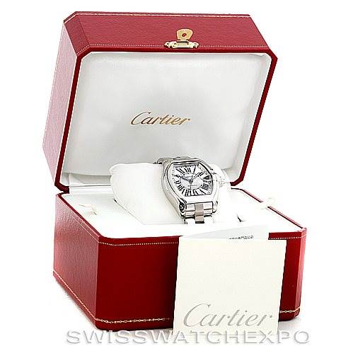 The Cartier Roadster W62032X6 Men's Stainless Steel Silver Dial W62032X6 Men's Stainless Steel Silver Dial watch is displayed at a front angle in its opened red box, alongside a booklet or card.