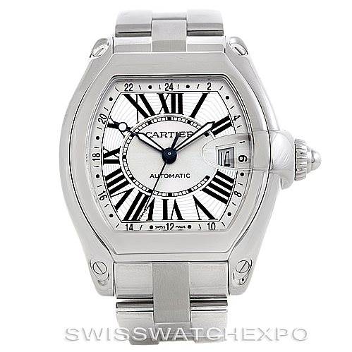 This image shows the full face and band of a Cartier Roadster W62032X6 Men's Stainless Steel Silver Dial W62032X6 Men's Stainless Steel Silver Dial watch, highlighting its Roman numeral dial and crown detail.