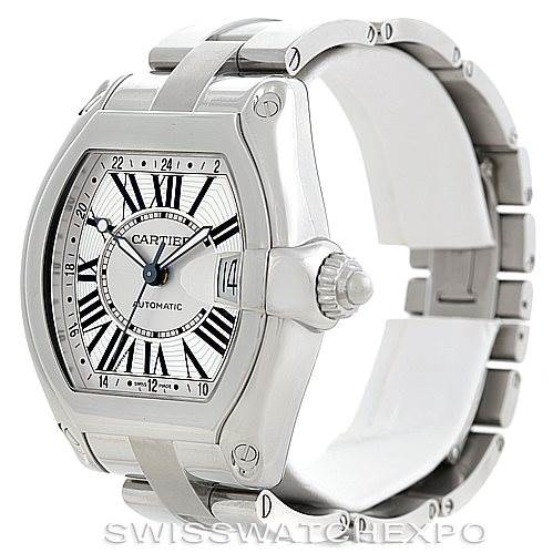 The image shows a side and front angle of the Roadster model by Cartier, showcasing the watch face, crown, and bracelet.