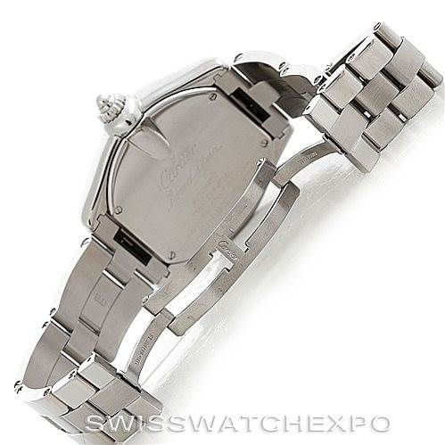 This image shows the back and bracelet of a Cartier Roadster W62032X6 Men's Stainless Steel Silver Dial W62032X6 Men's Stainless Steel Silver Dial watch from an angled side view.
