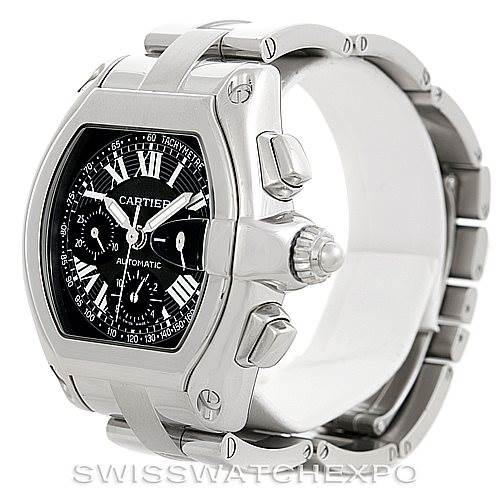 This image shows a Cartier Roadster W62007X6 Men
s Stainless Steel Black Dial W62007X6 Men
s Stainless Steel Black Dial watch from an angled view, highlighting the face, side buttons, crown, and part of the bracelet.