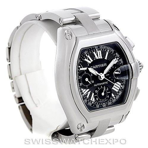 This image shows a Cartier Roadster W62007X6 Men
s Stainless Steel Black Dial W62007X6 Men
s Stainless Steel Black Dial watch at an angle highlighting the case, black dial, crown, and part of the stainless steel bracelet.