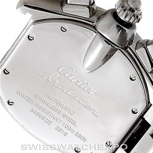 This image shows the back case and crown of a Cartier Roadster W62007X6 Men
s Stainless Steel Black Dial W62007X6 Men
s Stainless Steel Black Dial watch.