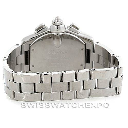 The image shows the back view of a Cartier Roadster W62007X6 Men
s Stainless Steel Black Dial W62007X6 Men
s Stainless Steel Black Dial watch, highlighting the bracelet and case back.