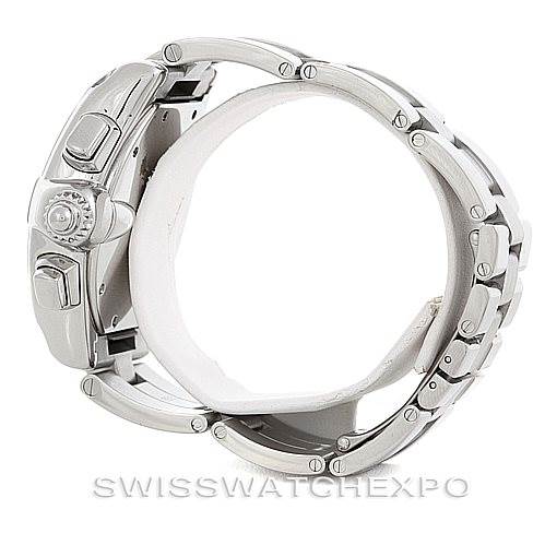 The Cartier Roadster W62007X6 Men
s Stainless Steel Black Dial W62007X6 Men
s Stainless Steel Black Dial watch is displayed from a side angle, showcasing the crown, lugs, and bracelet details.