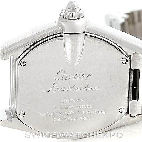 This image shows the back case of a Cartier Roadster W62032X6 Men's Stainless Steel Silver Dial W62032X6 Men's Stainless Steel Silver Dial watch, highlighting its stainless steel construction and various engravings.
