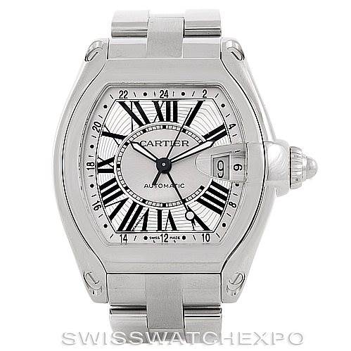 The image shows a front view of a Cartier Roadster W62032X6 Men's Stainless Steel Silver Dial W62032X6 Men's Stainless Steel Silver Dial watch, highlighting its dial, case, and bracelet.