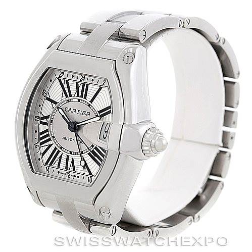This image shows the Cartier Roadster W62032X6 Men's Stainless Steel Silver Dial W62032X6 Men's Stainless Steel Silver Dial watch from a side angle, highlighting its dial, case, crown, and bracelet.